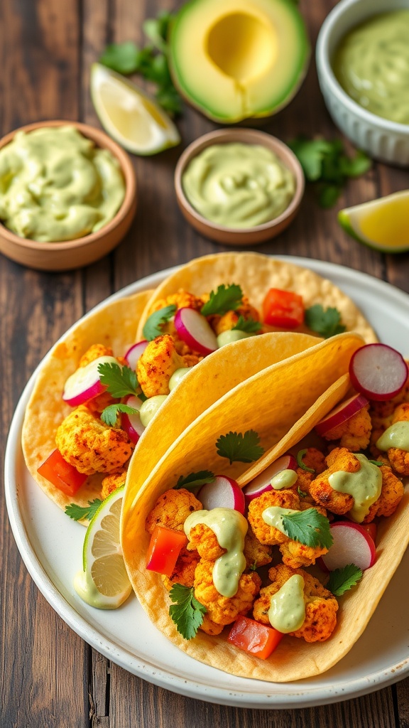 Spicy cauliflower tacos with avocado crema, garnished with cilantro, radishes, and red onion on a rustic table.